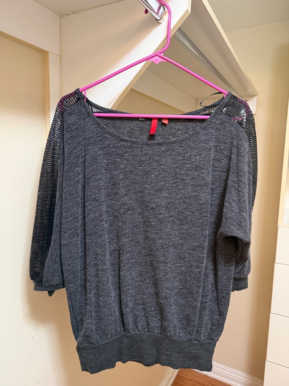 Charcoal Lightweight Dolman Sweater with Mesh Sequin Sleeves